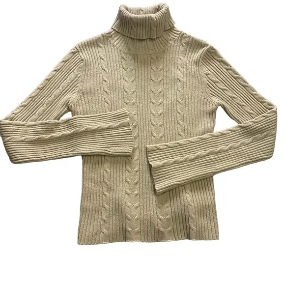 Turtleneck Sweater in Khaki Cable Knit Pattern with Slight Bell Sleeves - Picture 7 of 7